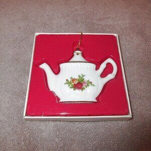 NOS Vtg Royal Albert China Teapot Christmas Ornament Holiday Country Roses Box
